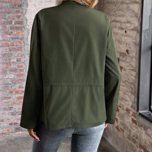 Army Green Casual Women's Drawstring Waist Trench Coat - Picture 3 of 8